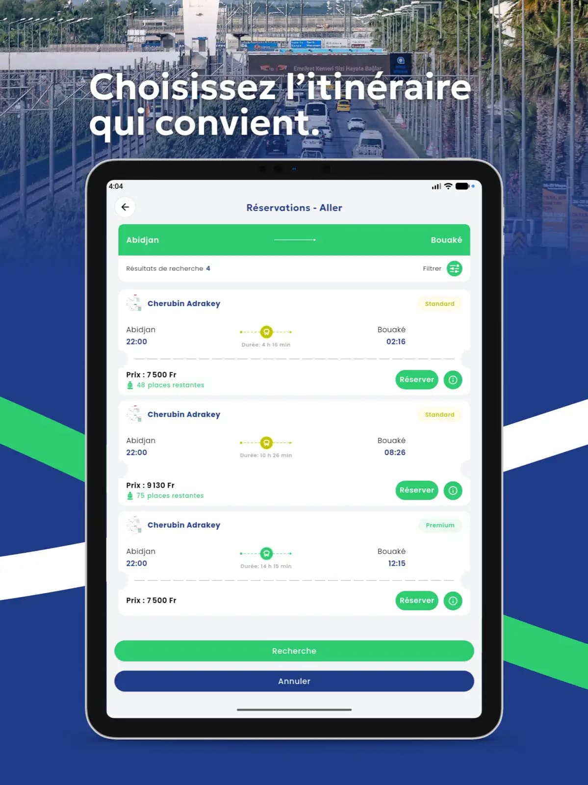 Aperçu de la recherche de trajets dans l’application RITbus